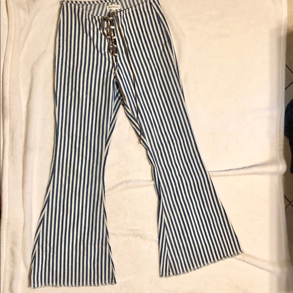 blue and white striped bell bottoms